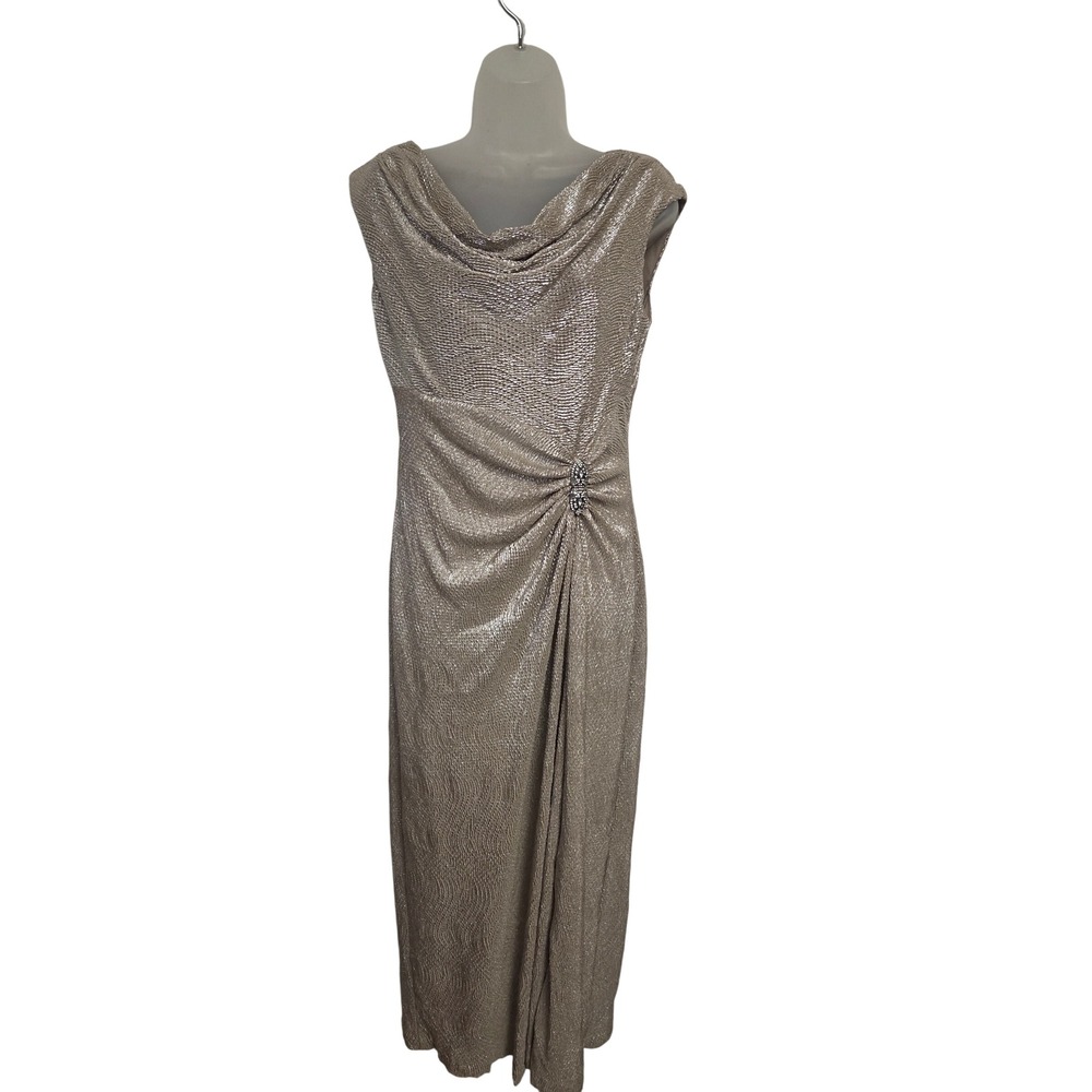 Lauren Ralph Lauren Evening Gown Metallic Champagne Gold Draped Brooch Dress 8
